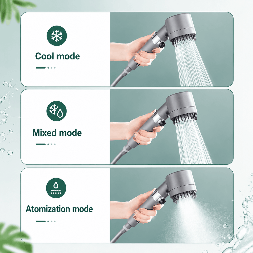 Handheld shower with three modes labeled 'Cool mode', 'Mixed mode', and 'Atomization mode' on a light green background.