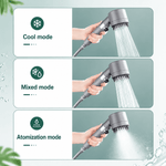 Handheld shower with three modes labeled 'Cool mode', 'Mixed mode', and 'Atomization mode' on a light green background.