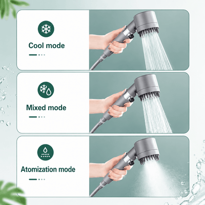 Handheld shower with three modes labeled 'Cool mode', 'Mixed mode', and 'Atomization mode' on a light green background.