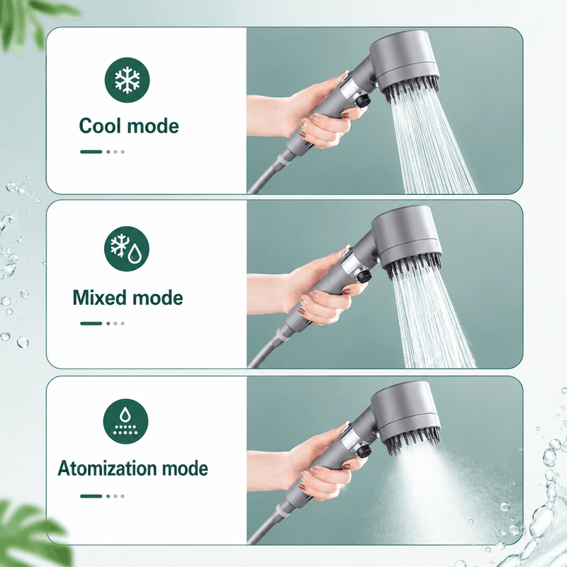 Handheld shower with three modes labeled 'Cool mode', 'Mixed mode', and 'Atomization mode' on a light green background.