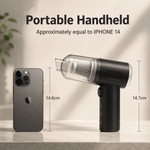 Handheld vacuum cleaner next to an iPhone 14 with dimensions indicated