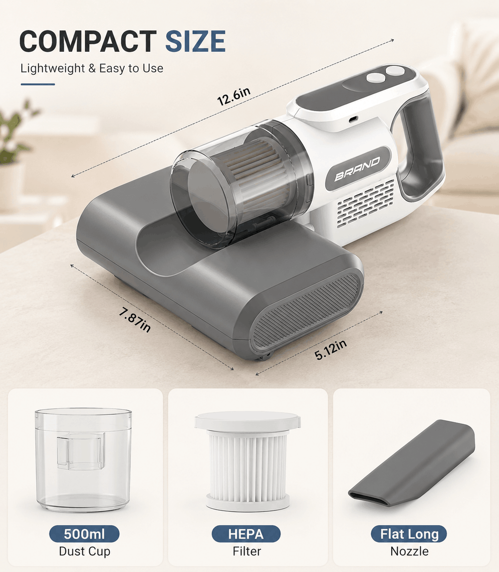 Handheld vacuum cleaner with dimensions and attachments on a light background