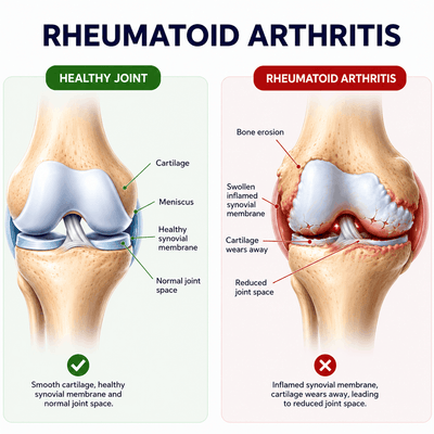 Healthy vs rheumatoid arthritis knee joint comparison diagram