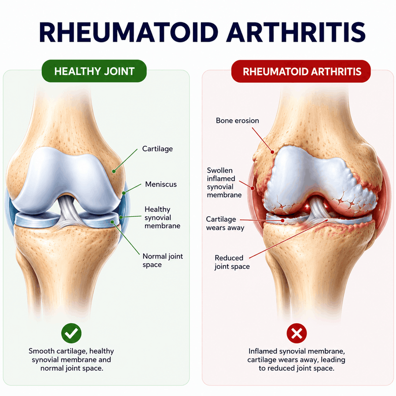 Healthy vs rheumatoid arthritis knee joint comparison diagram