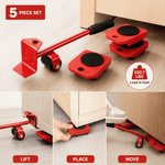 Heavy duty furniture mover tool set with 5-piece lifter lever and 4 wheeled sliders for moving heavy furniture