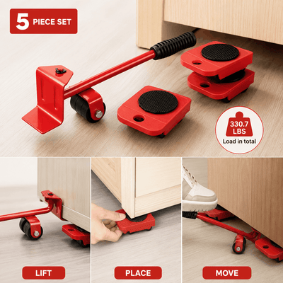 Heavy duty furniture mover tool set with 5-piece lifter lever and 4 wheeled sliders for moving heavy furniture