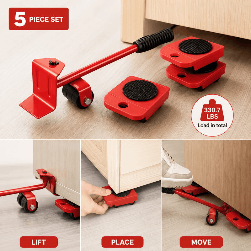 Heavy duty furniture mover tool set with 5-piece lifter lever and 4 wheeled sliders for moving heavy furniture