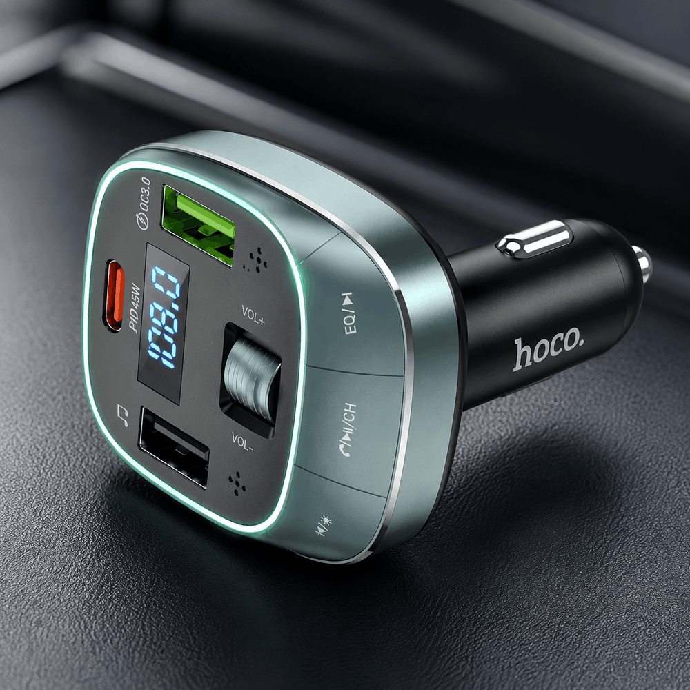 Hoco Bluetooth FM transmitter car charger with PD 45W Type-C port, QC3.0 USB port, and LED digital display