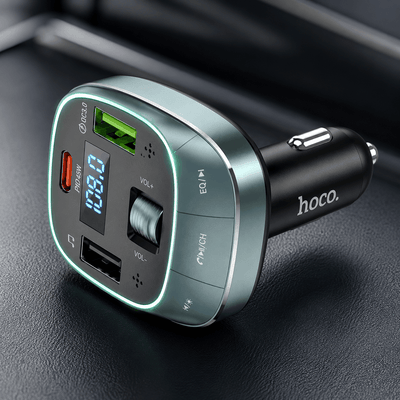 Hoco Bluetooth FM transmitter car charger with PD 45W Type-C port, QC3.0 USB port, and LED digital display