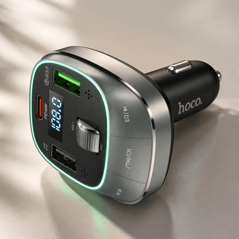Hoco Bluetooth wireless FM transmitter car radio adapter with fast charging USB ports on a neutral background
