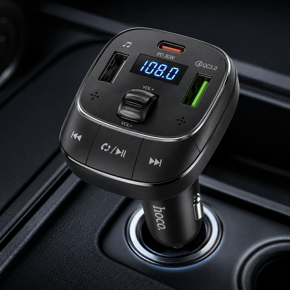 Hoco E76 car BT FM transmitter with dual USB charging ports and a compact design