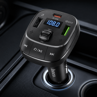 Hoco E76 car BT FM transmitter with dual USB charging ports and a compact design