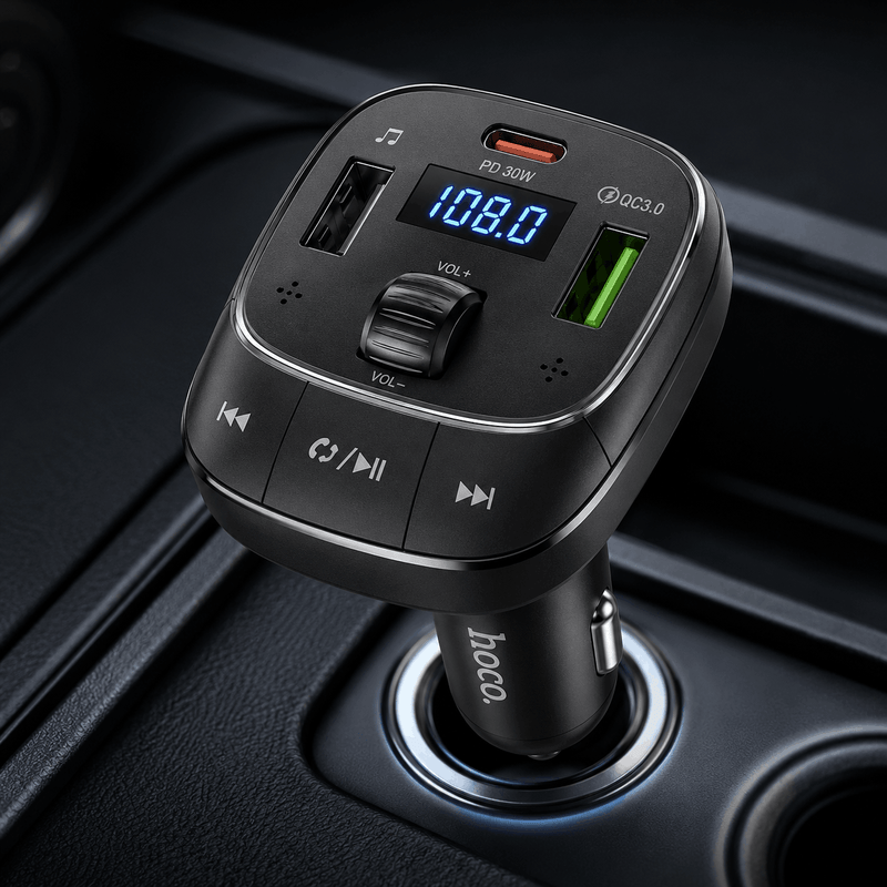 Hoco E76 car BT FM transmitter with dual USB charging ports and a compact design