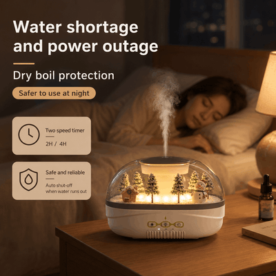 Humidifier on a bedside table with a person sleeping in the background, highlighting features like dry boil protection and two-speed timer.