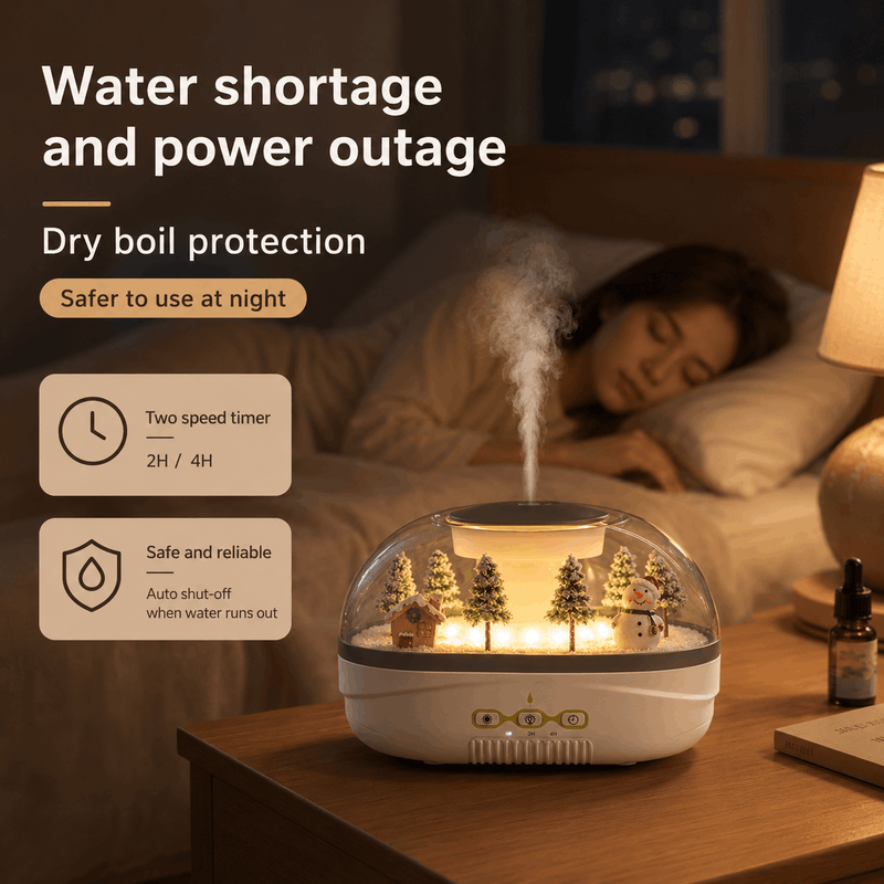 Humidifier on a bedside table with a person sleeping in the background, highlighting features like dry boil protection and two-speed timer.