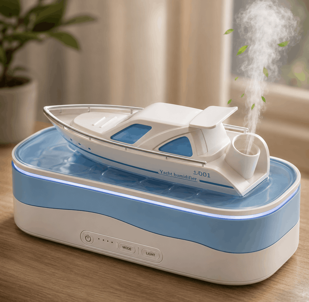 Humidifier shaped like a yacht on a wooden surface with steam rising