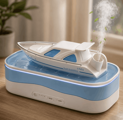 Humidifier shaped like a yacht on a wooden surface with steam rising