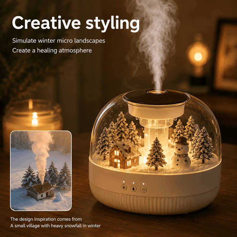 Humidifier with winter scene inside, emitting steam, on a wooden surface.