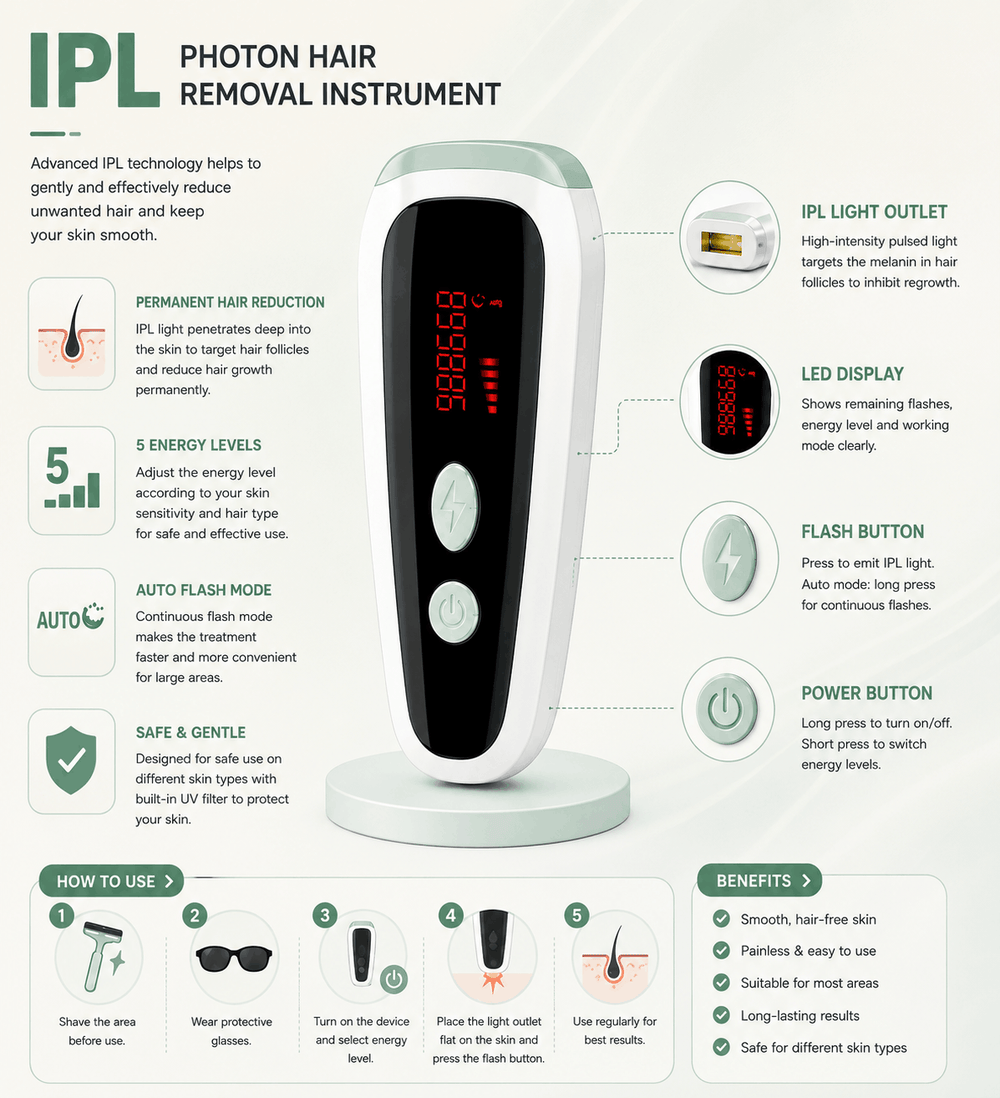 IPL photon hair removal instrument with features and usage instructions on a white background