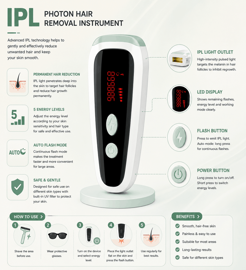 IPL photon hair removal instrument with features and usage instructions on a white background