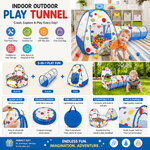 Indoor and outdoor play tunnel with colorful design, child playing, and product features listed.