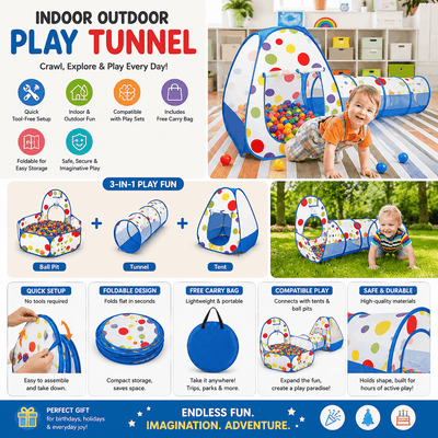 Indoor and outdoor play tunnel with colorful design, child playing, and product features listed.