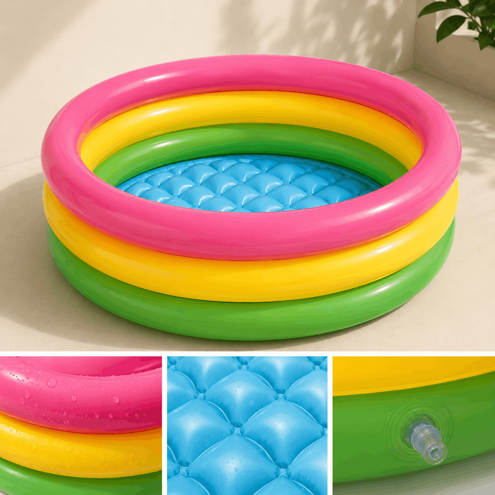 Inflatable colorful rainbow kiddie pool with padded bottom