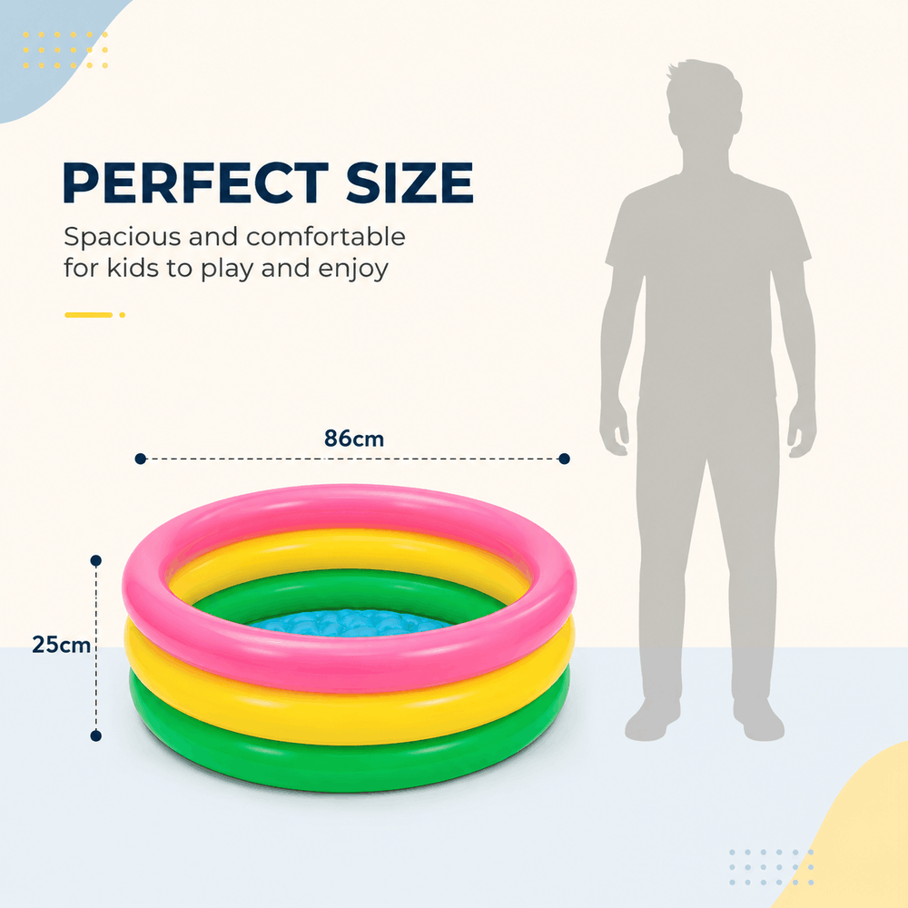 Inflatable kiddie pool size chart showing 86cm width and 25cm height dimensions