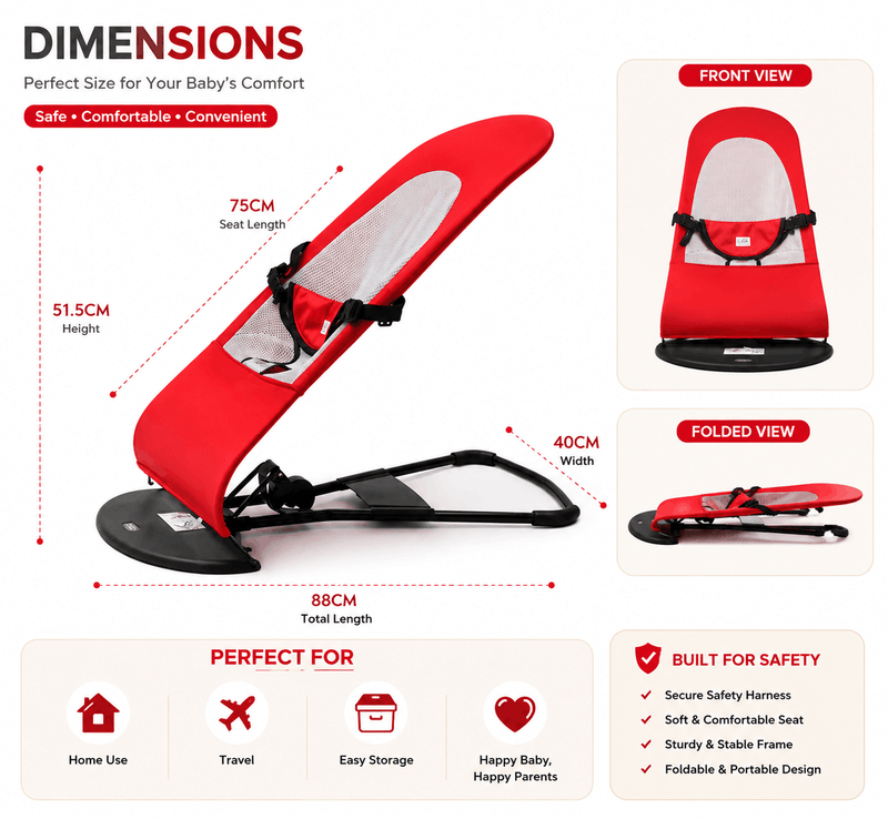 Infographic for a baby bouncing chair showing dimensions: 51.5cm height, 88cm total length, 75cm seat length, and 40cm width, along with front and folded views