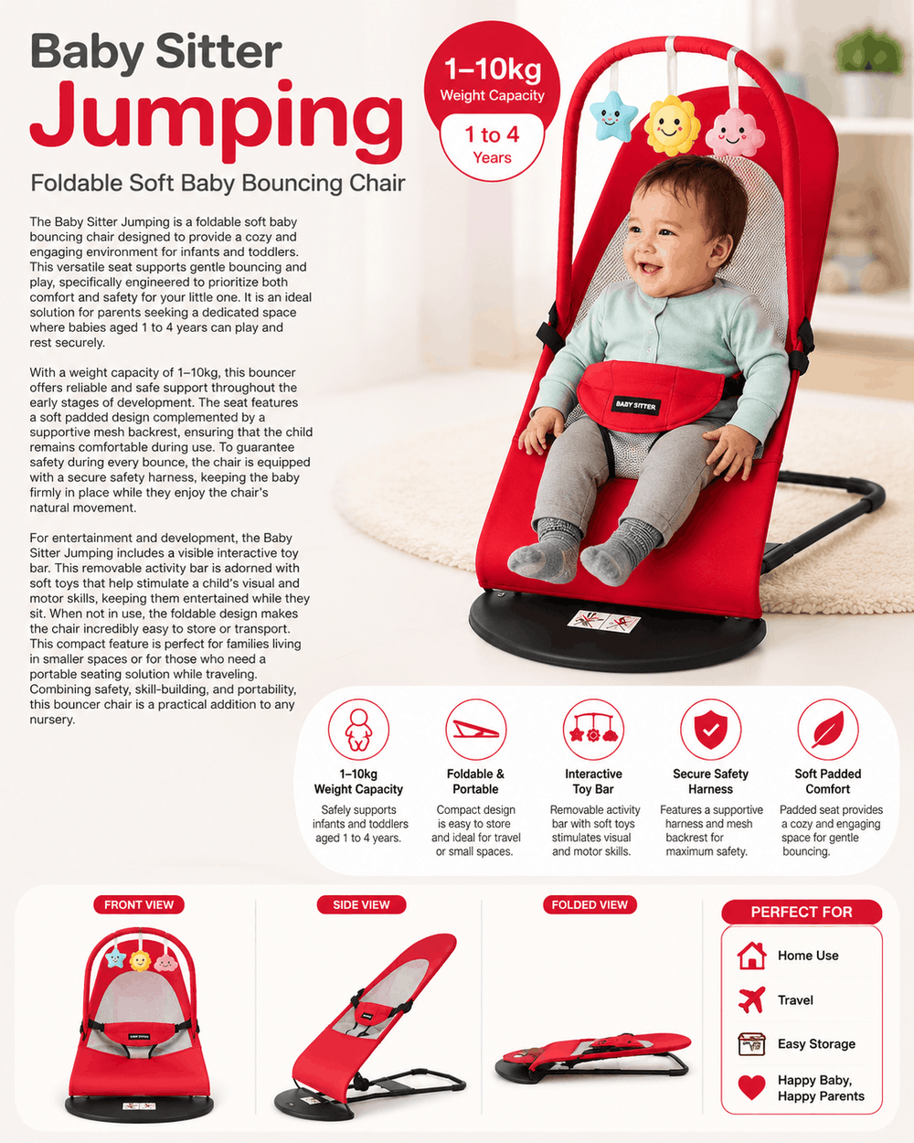 Infographic for the Baby Sitter Jumping Bouncing Chair showing a smiling infant in a red seat, key features like its 1–10kg weight capacity and foldable design, and different product views