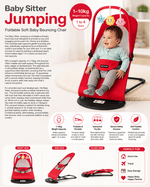 Infographic for the Baby Sitter Jumping Bouncing Chair showing a smiling infant in a red seat, key features like its 1–10kg weight capacity and foldable design, and different product views