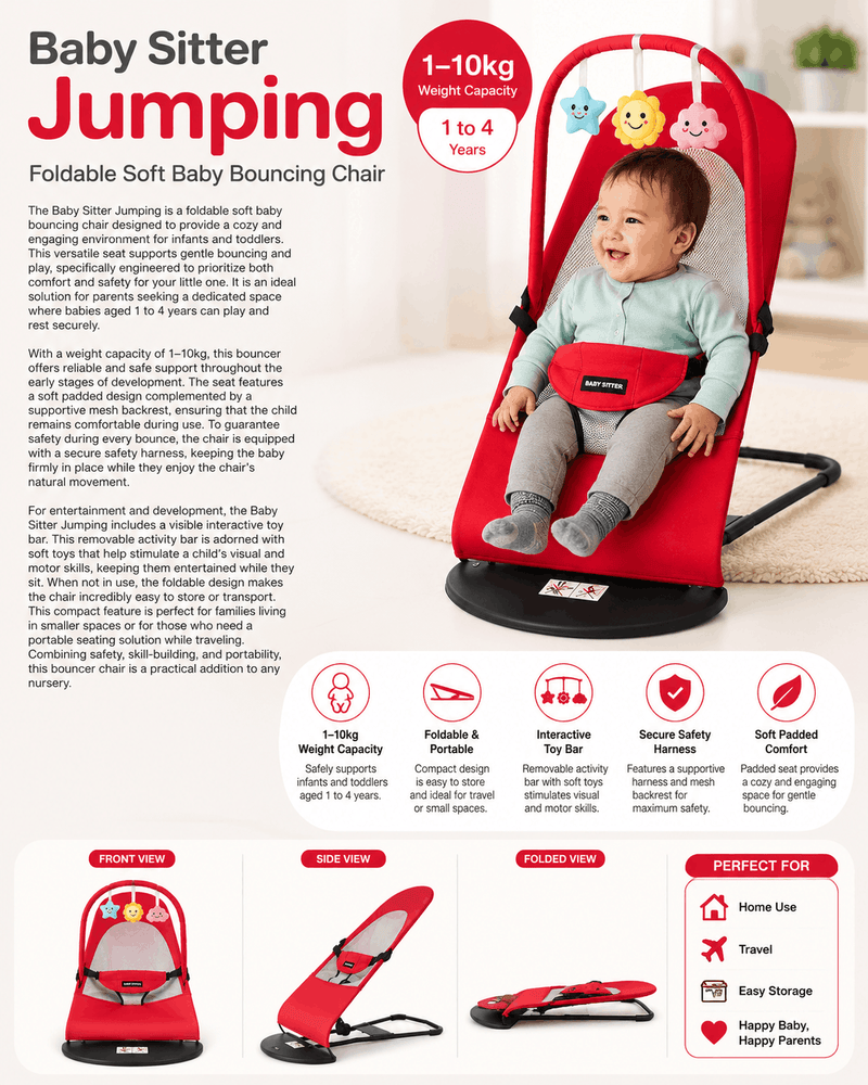 Infographic for the Baby Sitter Jumping Bouncing Chair showing a smiling infant in a red seat, key features like its 1–10kg weight capacity and foldable design, and different product views