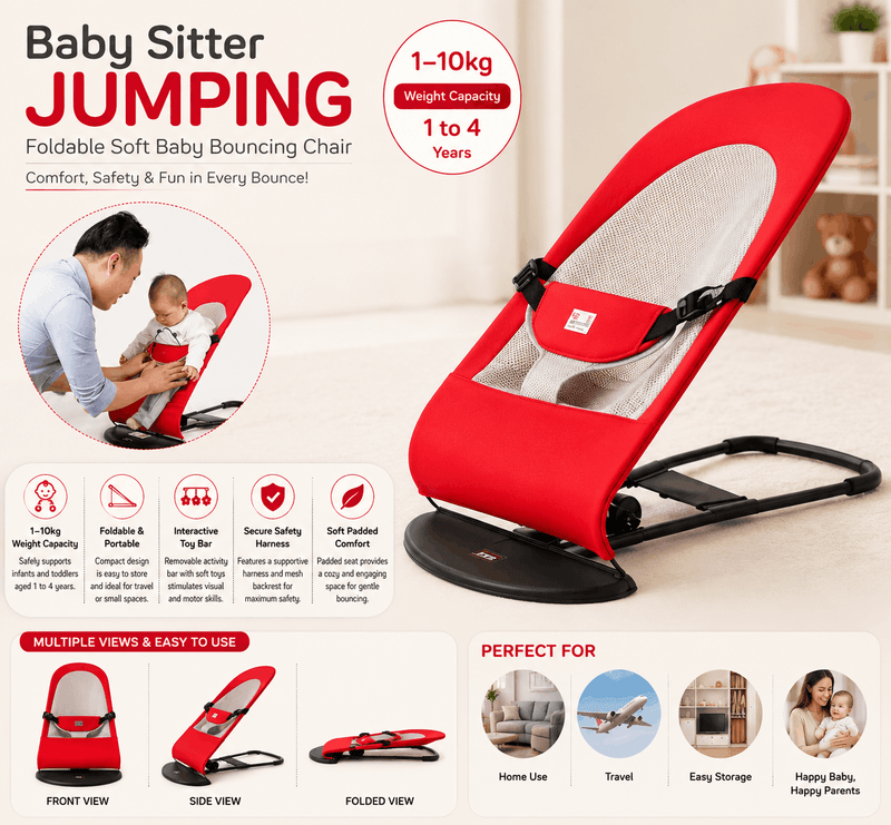 Infographic for the Baby Sitter Jumping bouncing chair featuring a red and grey mesh seat, highlighting its 1–10kg weight capacity, foldable design, and multiple product views
