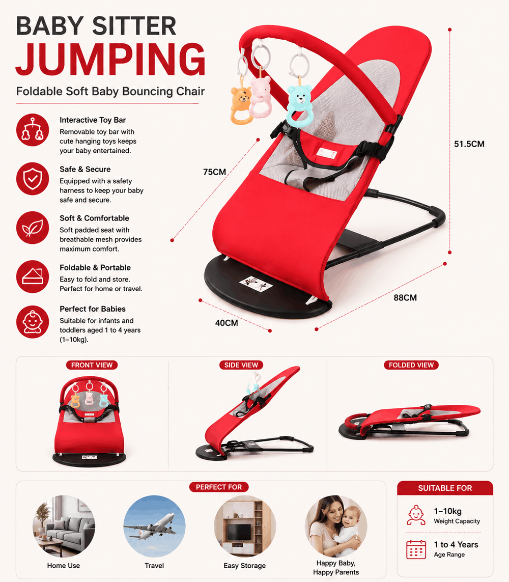 Infographic for the Baby Sitter Jumping bouncing chair featuring a red seat with a toy bar, displaying dimensions (51.5cm height, 88cm length, 40cm width), and highlighting features like its 1–10kg weight capacity and foldable design