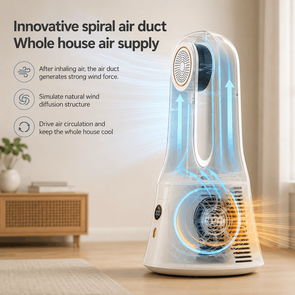 Innovative spiral air duct whole house air supply system with text and diagram in a room setting.