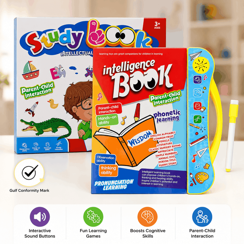 Intellectual learning book with interactive sound buttons and a pen for early childhood phonetic education