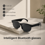 Intelligent Bluetooth glasses on a marble surface with features listed.