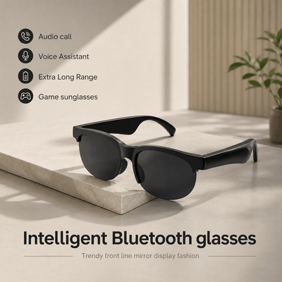 Intelligent Bluetooth glasses on a marble surface with features listed.