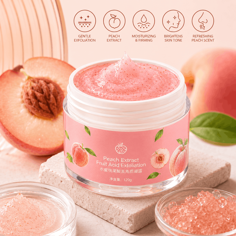 Peach Extract Fruit Acid Exfoliating Face Gel Cream in a clear jar with a pink label, featuring a peach illustration.