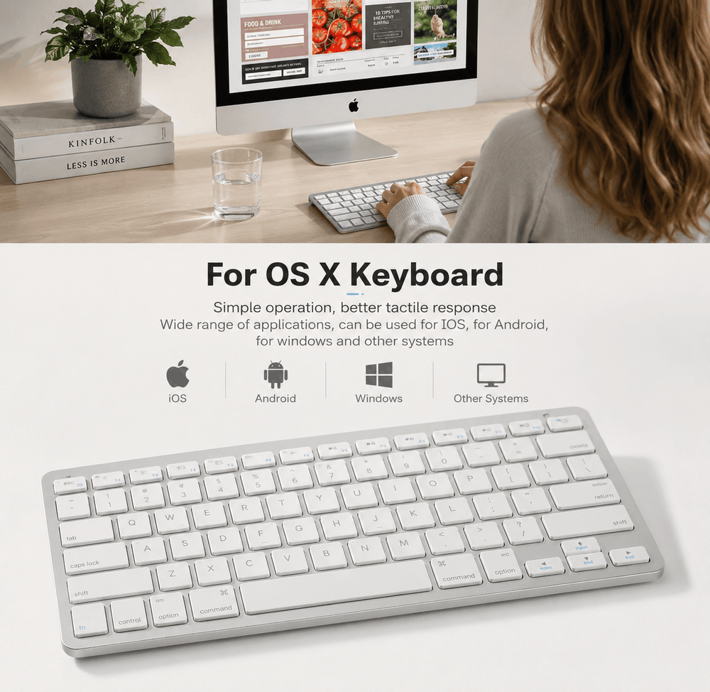 Keyboard with text about OS X compatibility and system compatibility on a white background