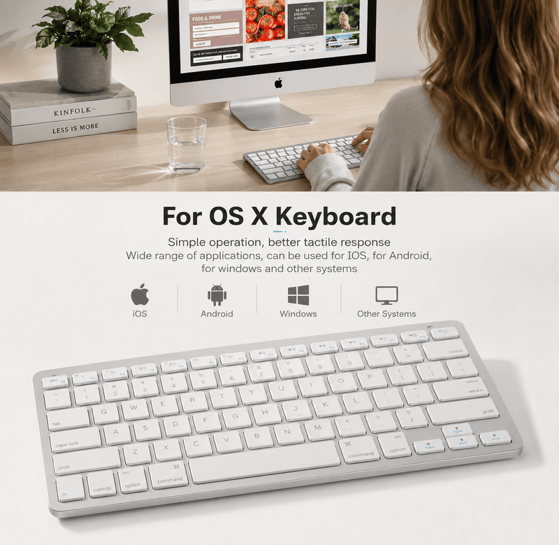 Keyboard with text about OS X compatibility and system compatibility on a white background