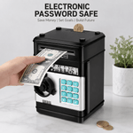 Kids' digital money safe with electronic password lock, automatic bill feeder, and coin entry for savings