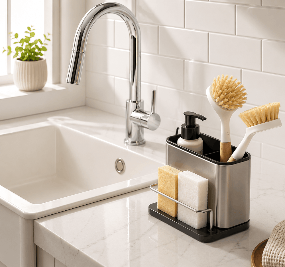 Kitchen sink area with a caddy holding cleaning supplies and a plant on a windowsill.
