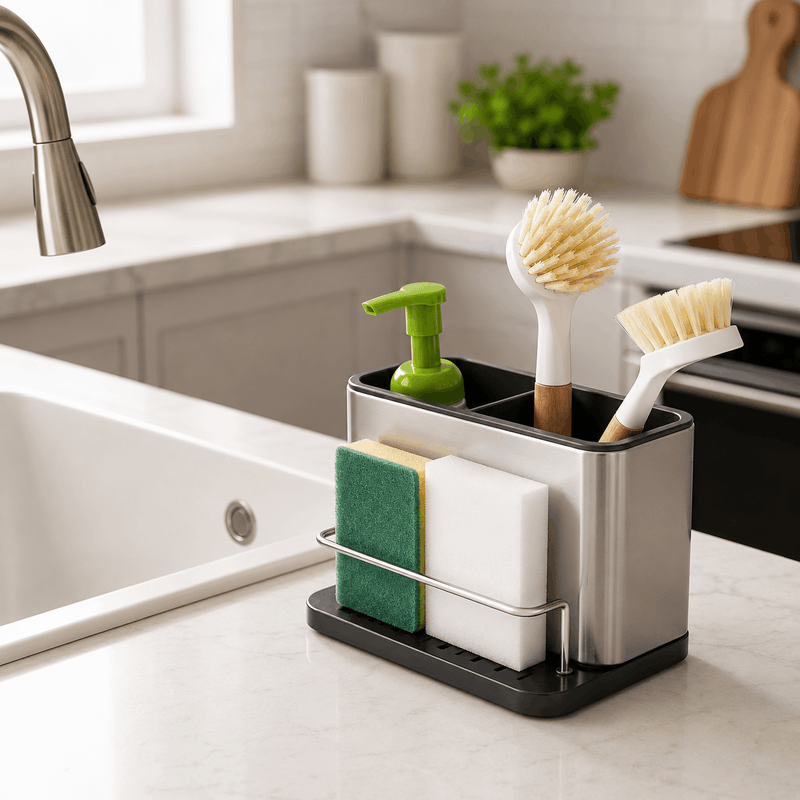 Kitchen sink caddy with sponges, scrubbers, and soap dispenser on a kitchen counter.