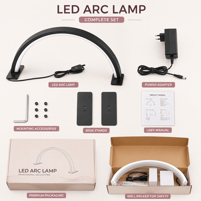 LED Arc Lamp complete set with lamp, power adapter, mounting accessories, base stands, and packaging on a white background.