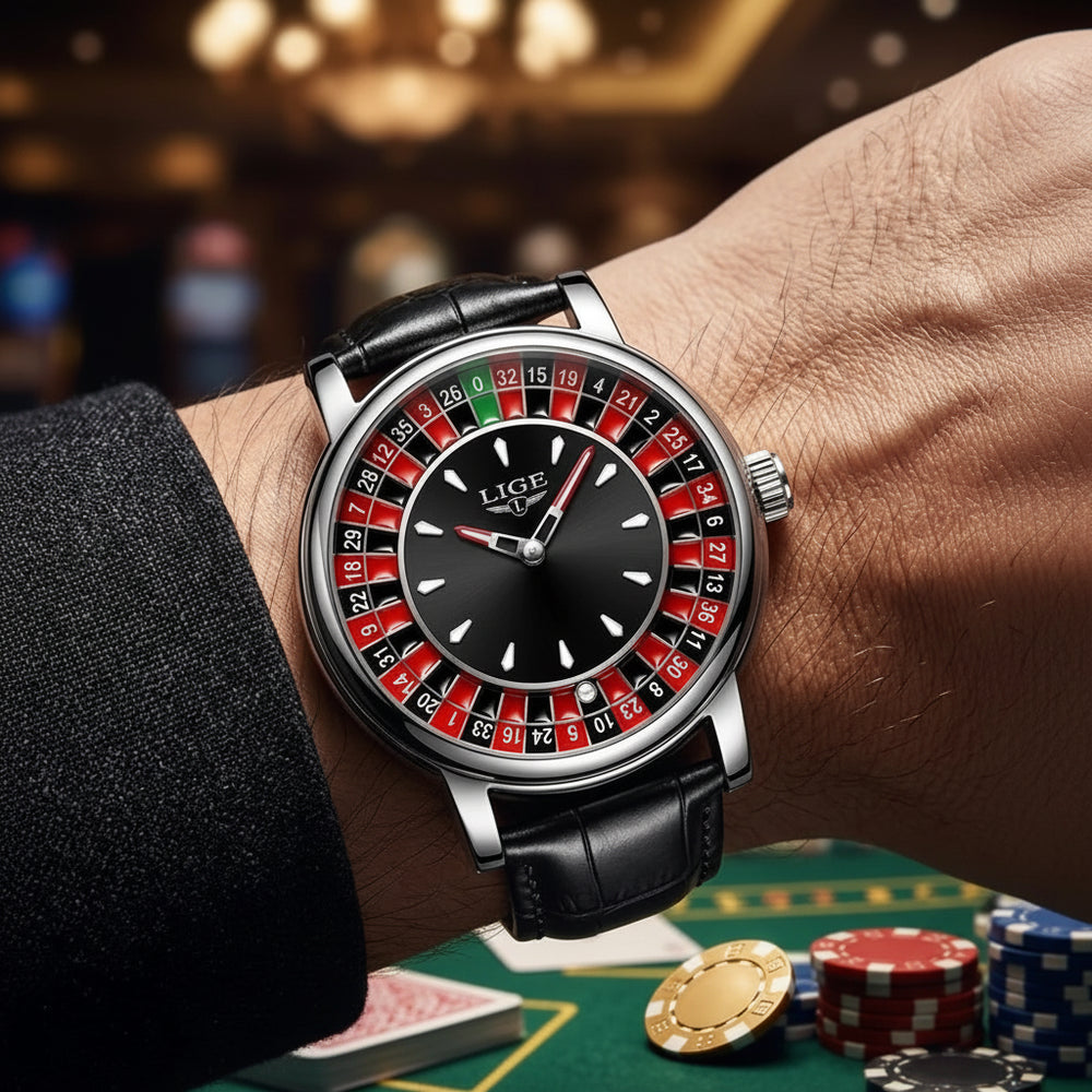 LIGE men's watch with a black dial and a rotating roulette wheel outer ring, featuring a black leather strap.