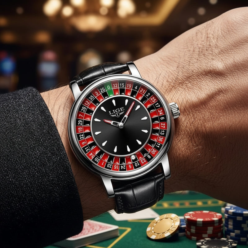 LIGE men's watch with a black dial and a rotating roulette wheel outer ring, featuring a black leather strap.