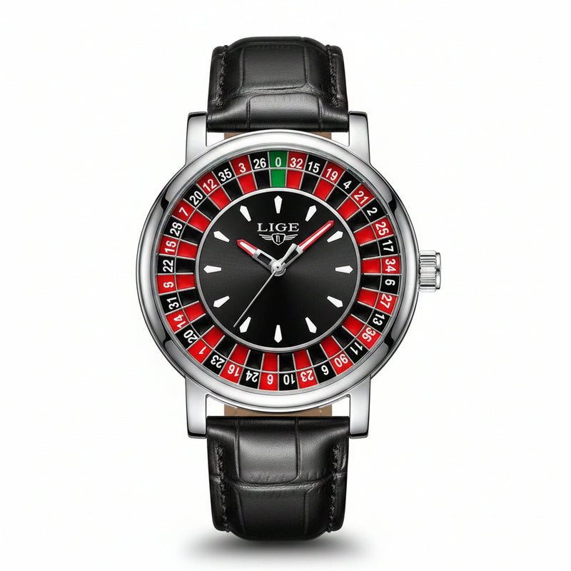 LIGE watch with a black dial and roulette wheel design, featuring a silver case and black embossed leather strap.