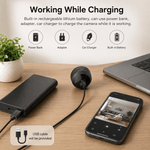 Laptop, power bank, adapter, car charger, and smartphone on a desk with text about charging options.