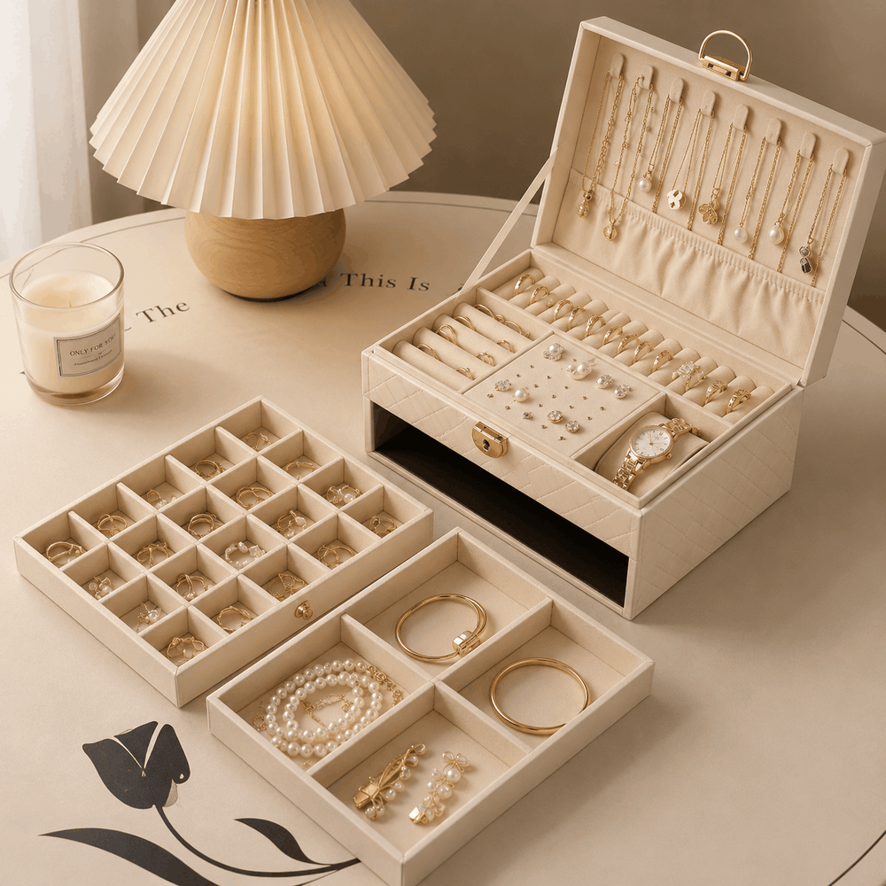 Luxury multi-layer synthetic leather jewelry storage box showing pull-out drawers and lock-style closure